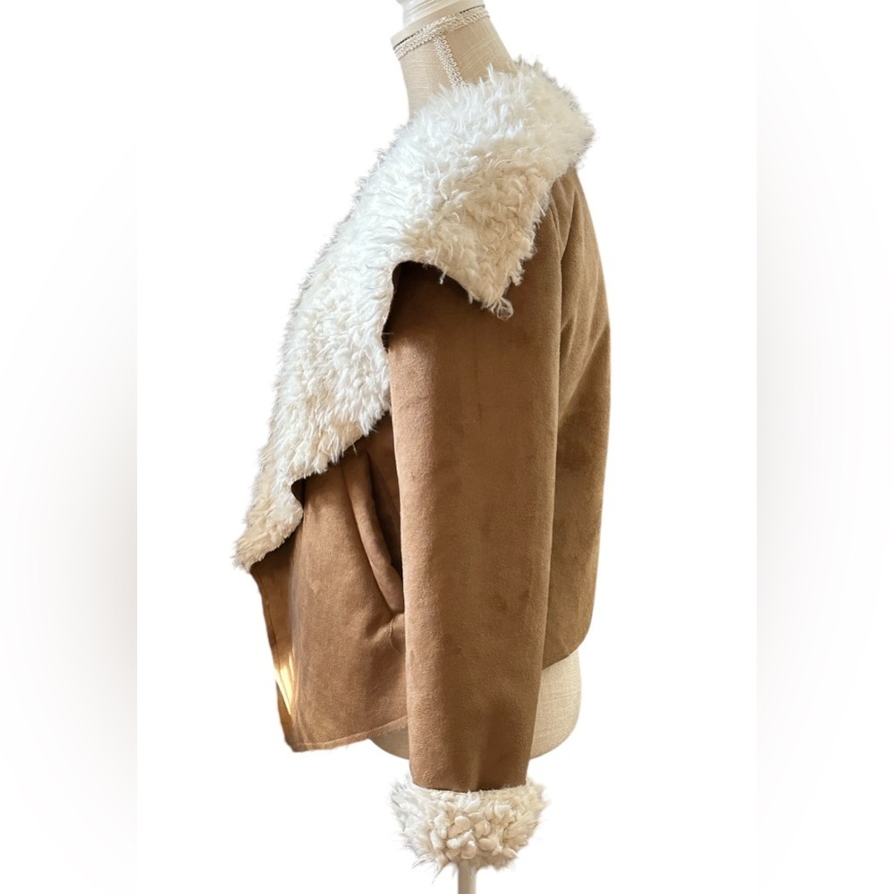 Women's Tan and Cream Shearling Jacket ~ Vegan Sherpa & Suede by Me Jane - Picture 5 of 16
